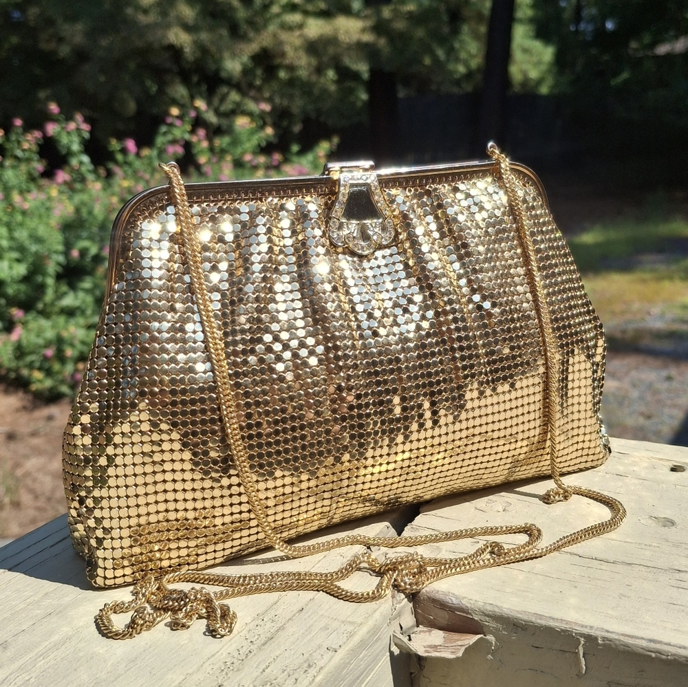Vintage Whiting & Davis Gold Chain Mesh Art Deco Rhinestone Clasp Evening Bag - Picture 14 of 14